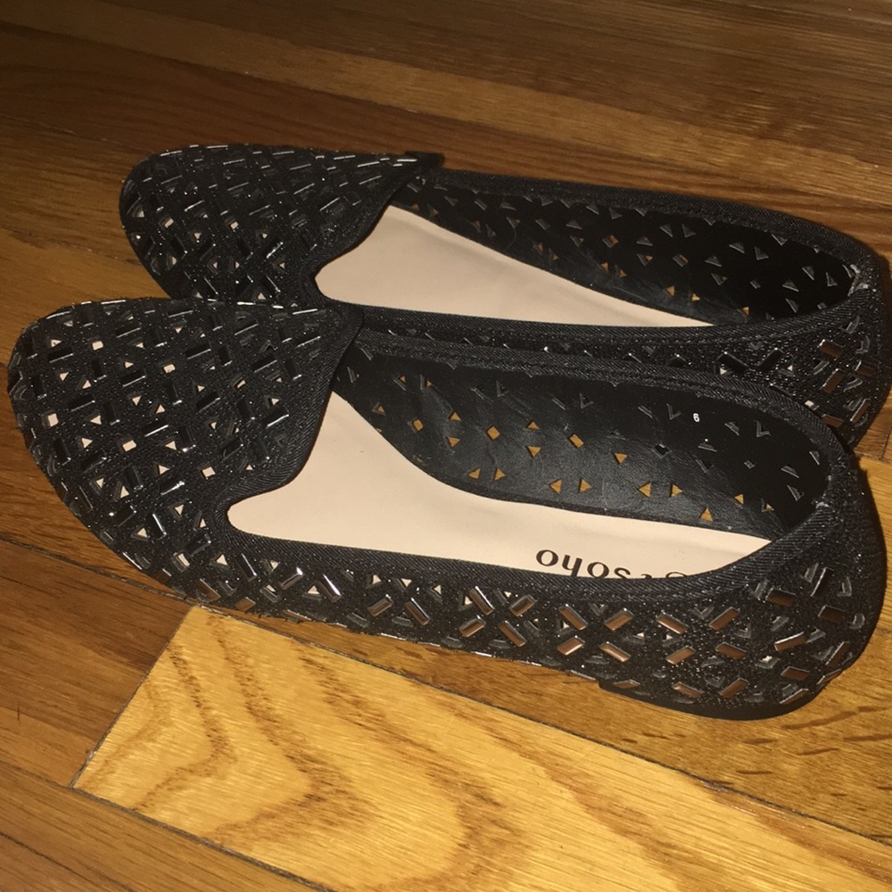 Black and silver shiny loafer flats